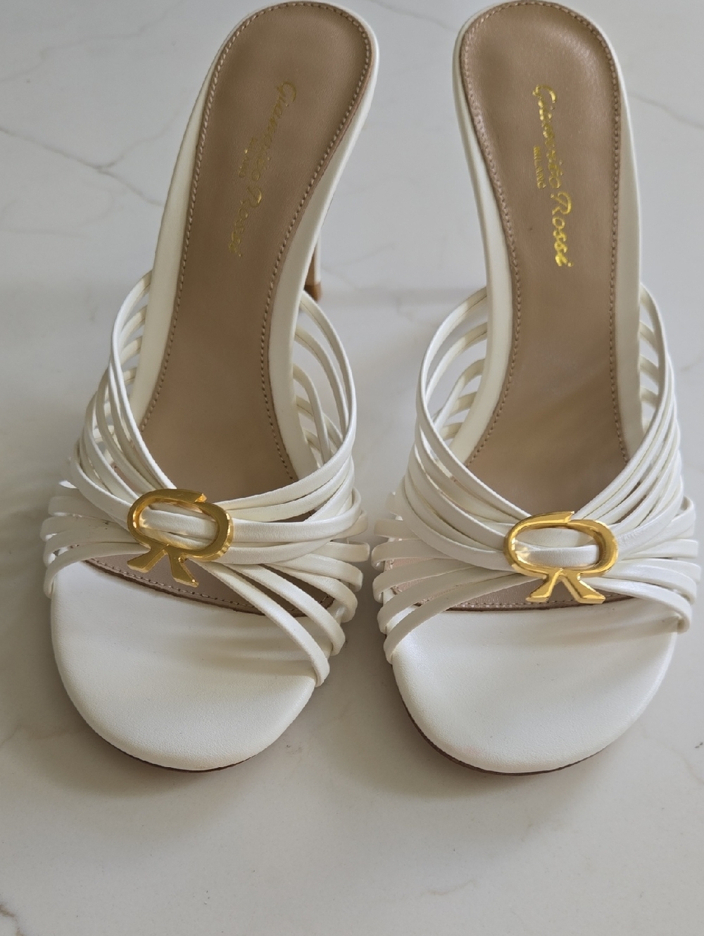 Gianvito Rossi White Leather Strappy Slide Mules with Gold Emblem
